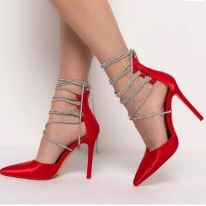 Red Satin Stiletto Heels with Crystal Lace-Up Straps